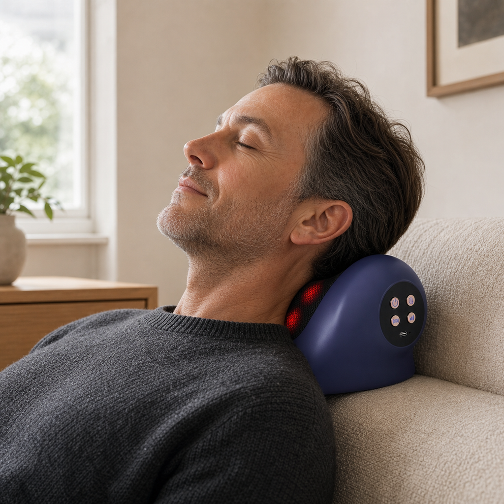 Heated neck pillow controls and product details