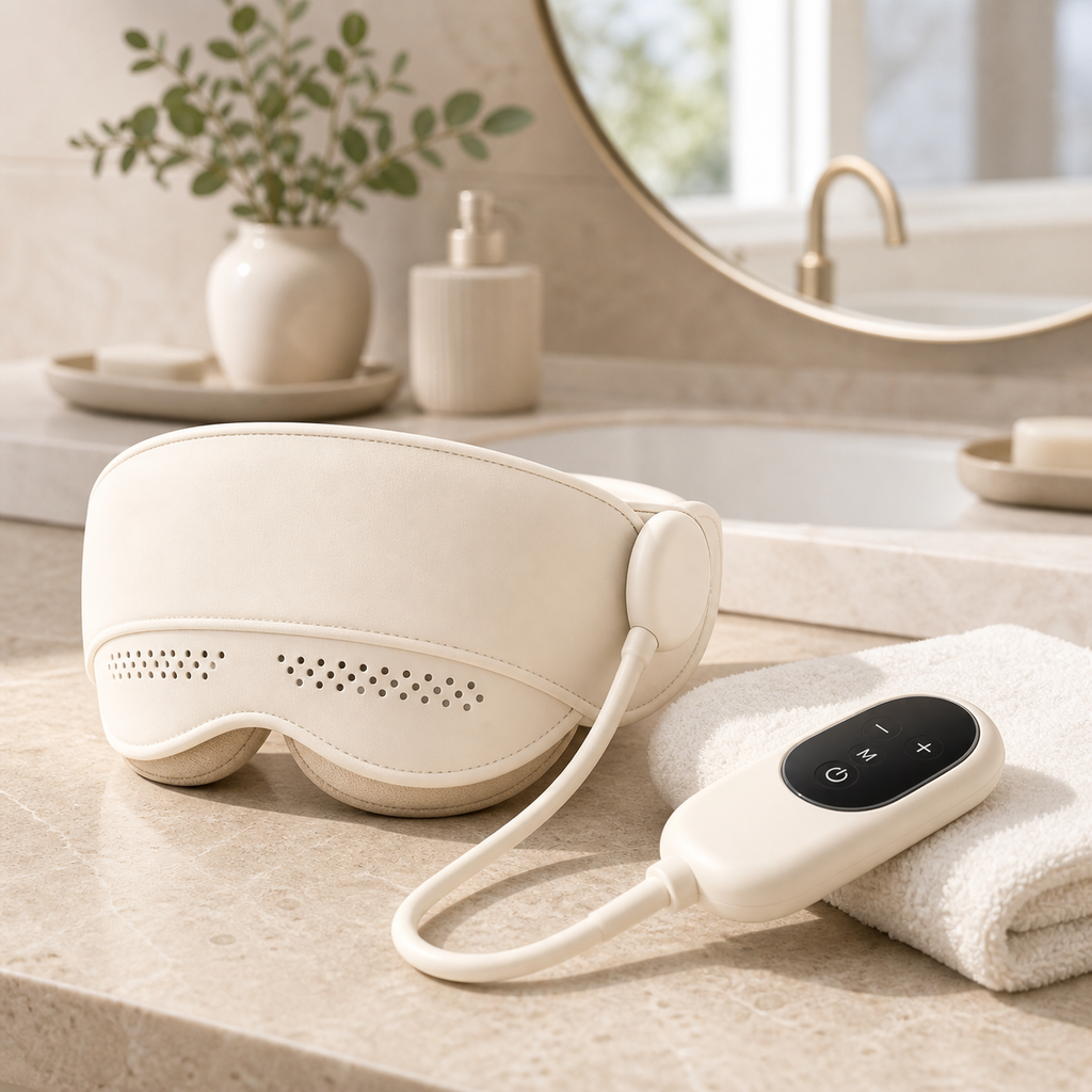 Heated eye massager with adjustable head strap