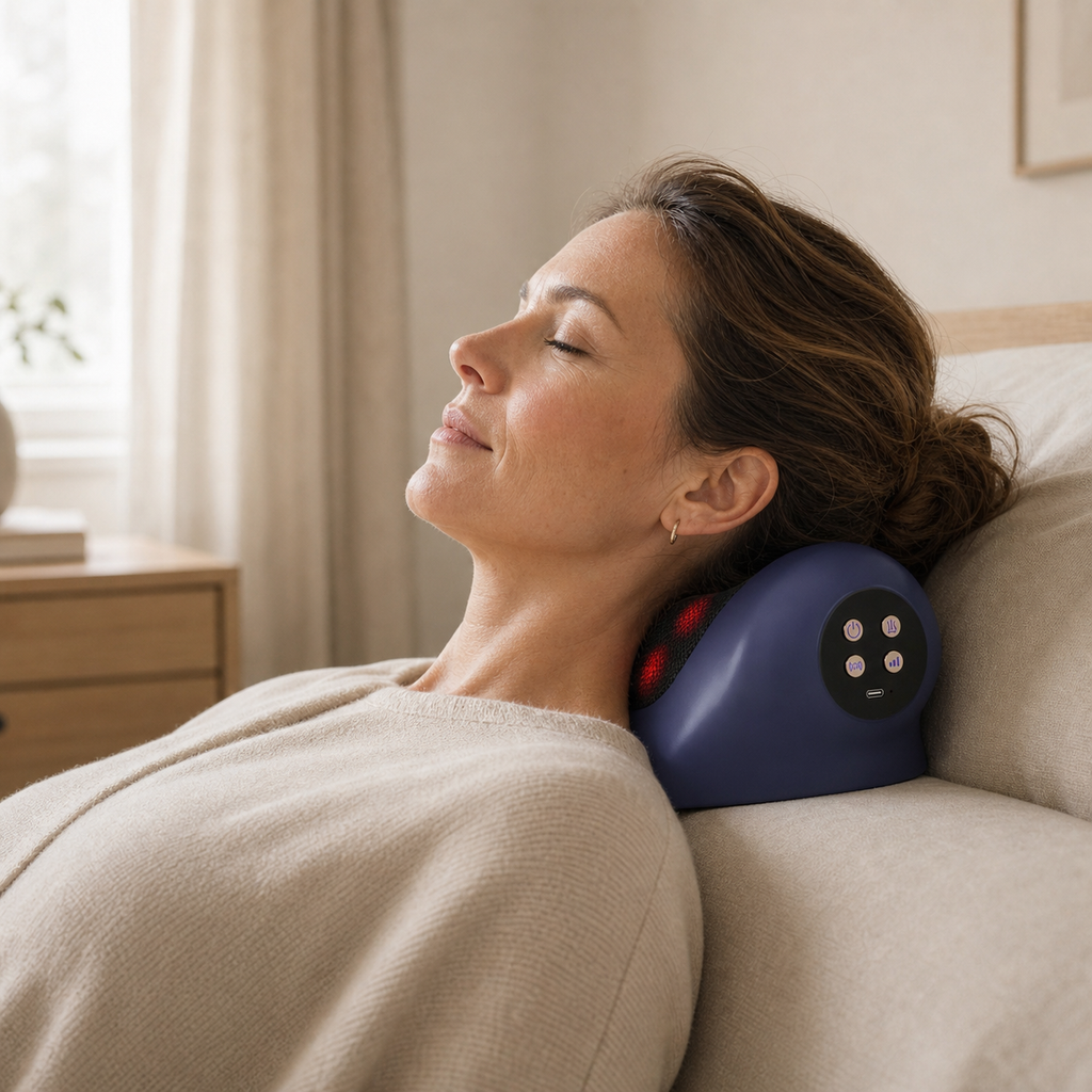 Ergonomic neck pillow with four massage nodes