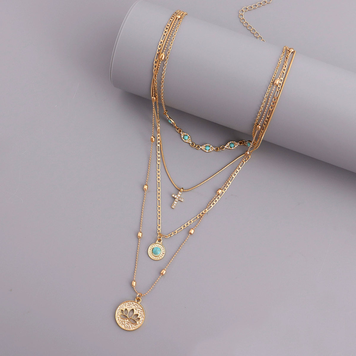 Statement Layered Cross Pendant Necklace with Crystal Details