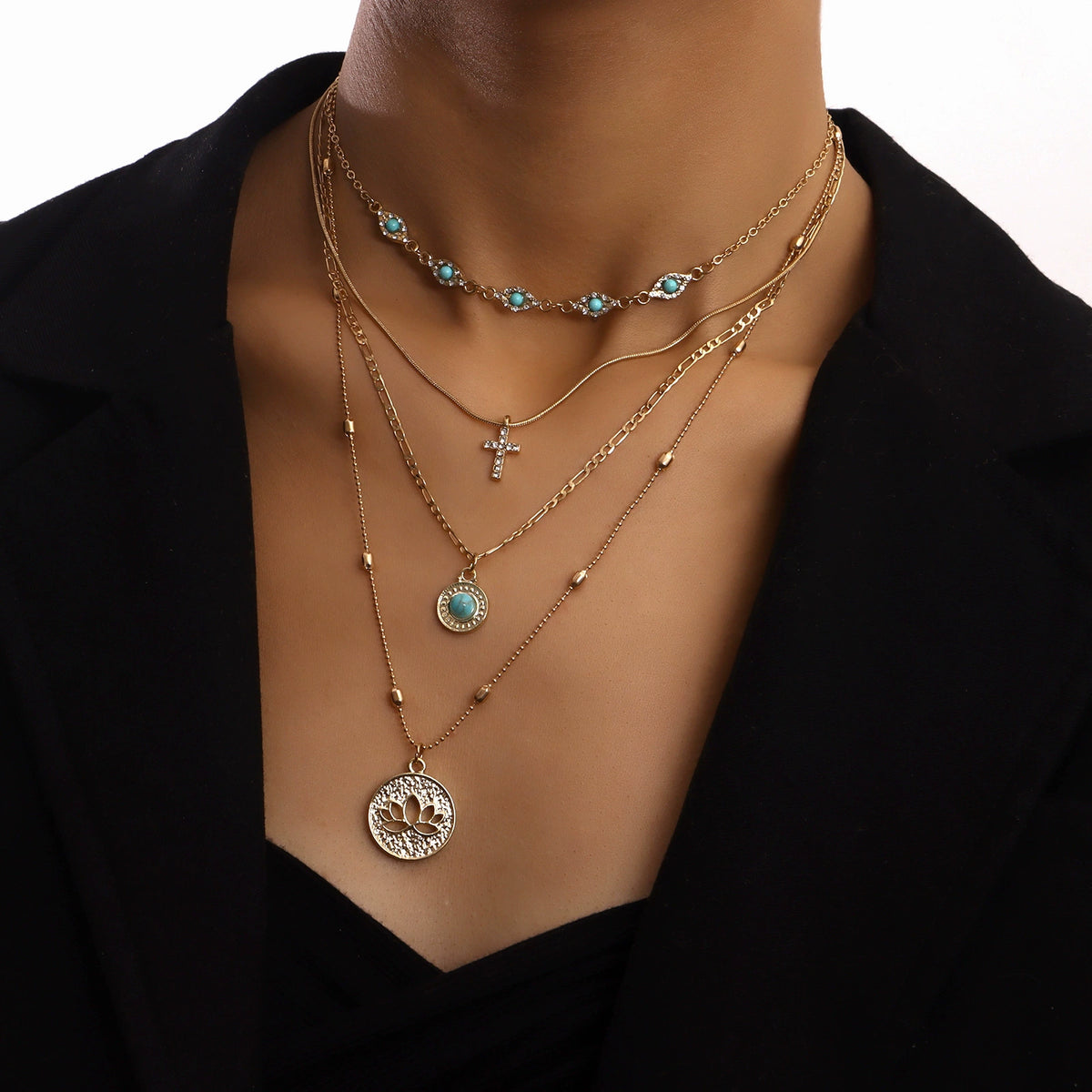 Statement Layered Cross Pendant Necklace with Crystal Details