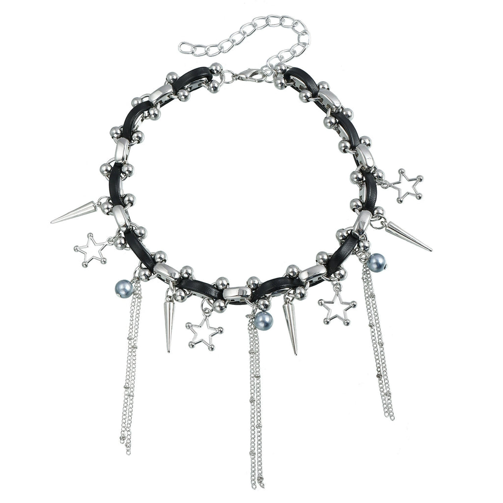 Punk Star Tassel Leather Choker Necklace