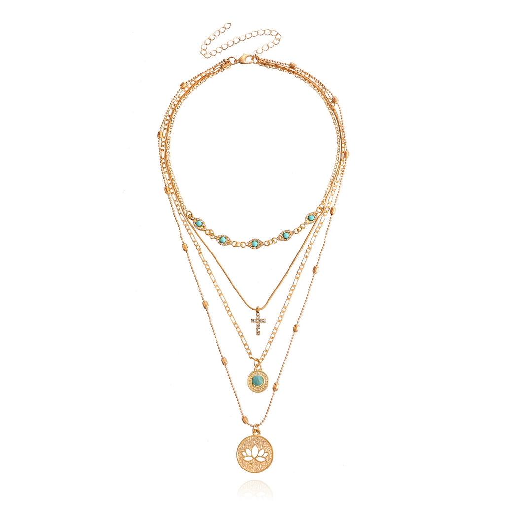 Statement Layered Cross Pendant Necklace with Crystal Details