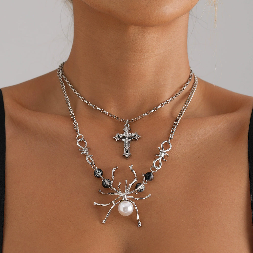 Convertible Gothic Spider & Cross Layered Necklace