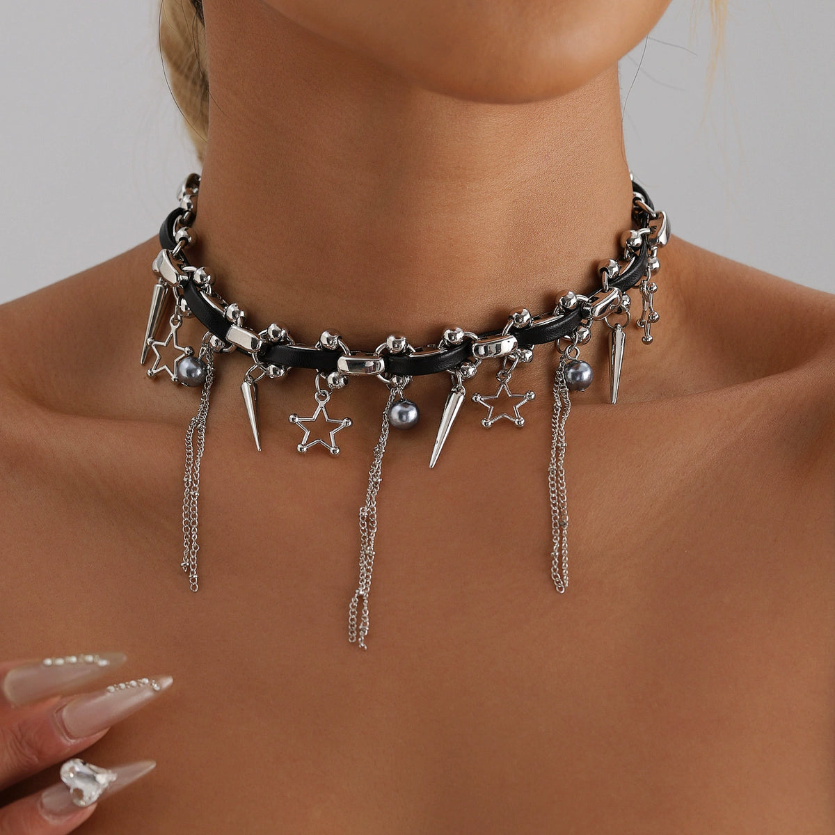 Punk Star Tassel Leather Choker Necklace