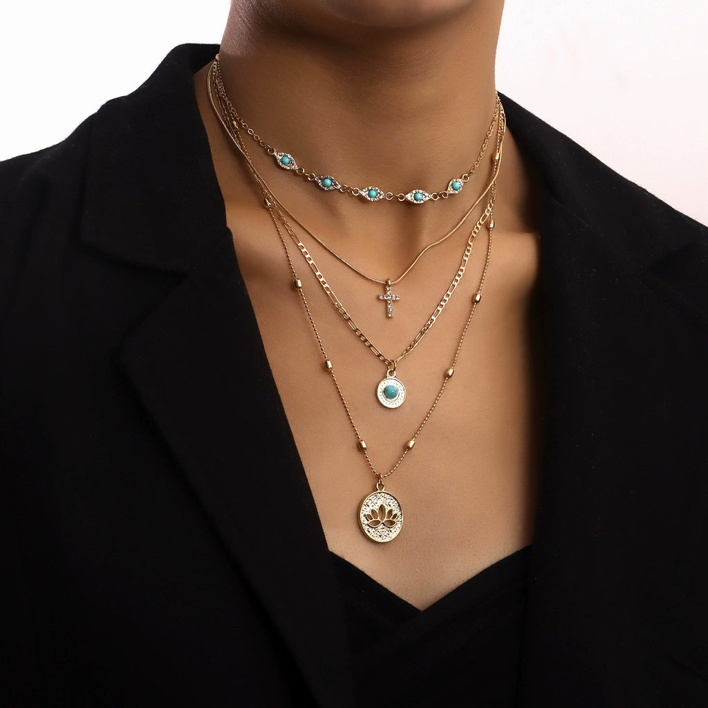 Statement Layered Cross Pendant Necklace with Crystal Details