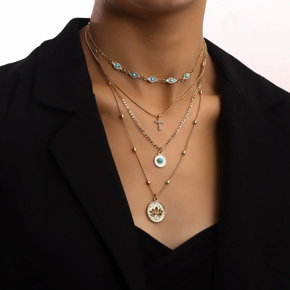 Statement Layered Cross Pendant Necklace with Crystal Details