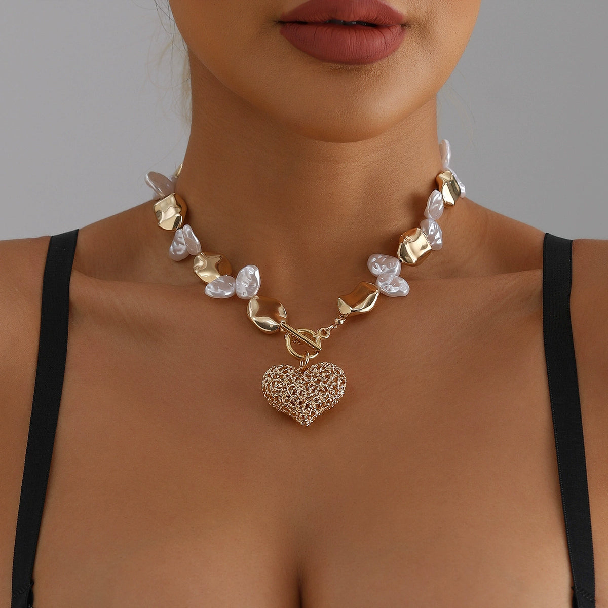 Mixed Pearl & Gold-Tone Open Heart Necklace